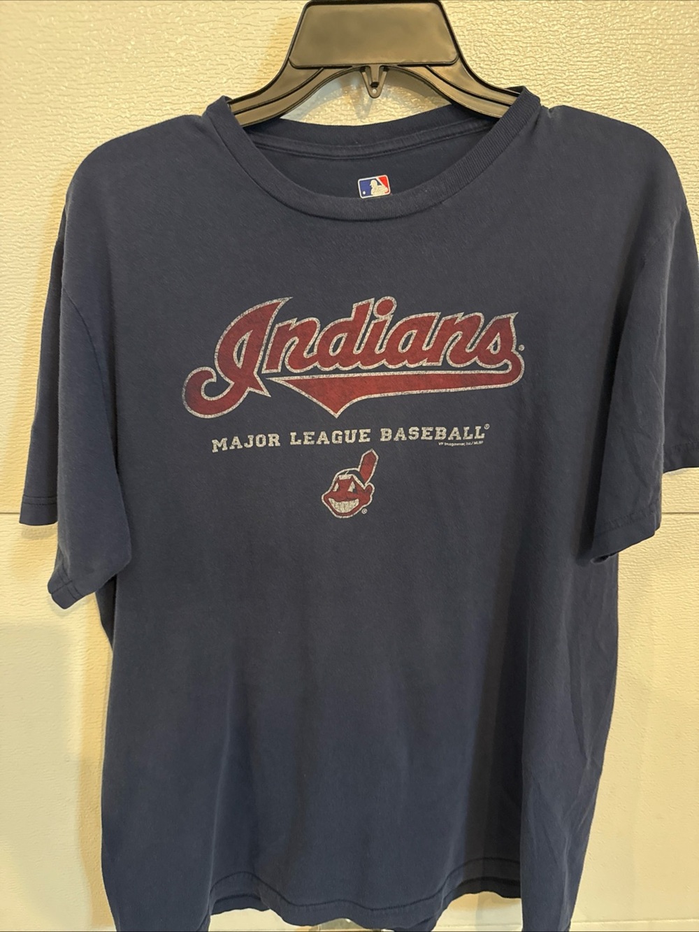 Vtg Cleveland Indians Chief Wahoo MLB T Shirt Men's Large Distressed Logo Blue